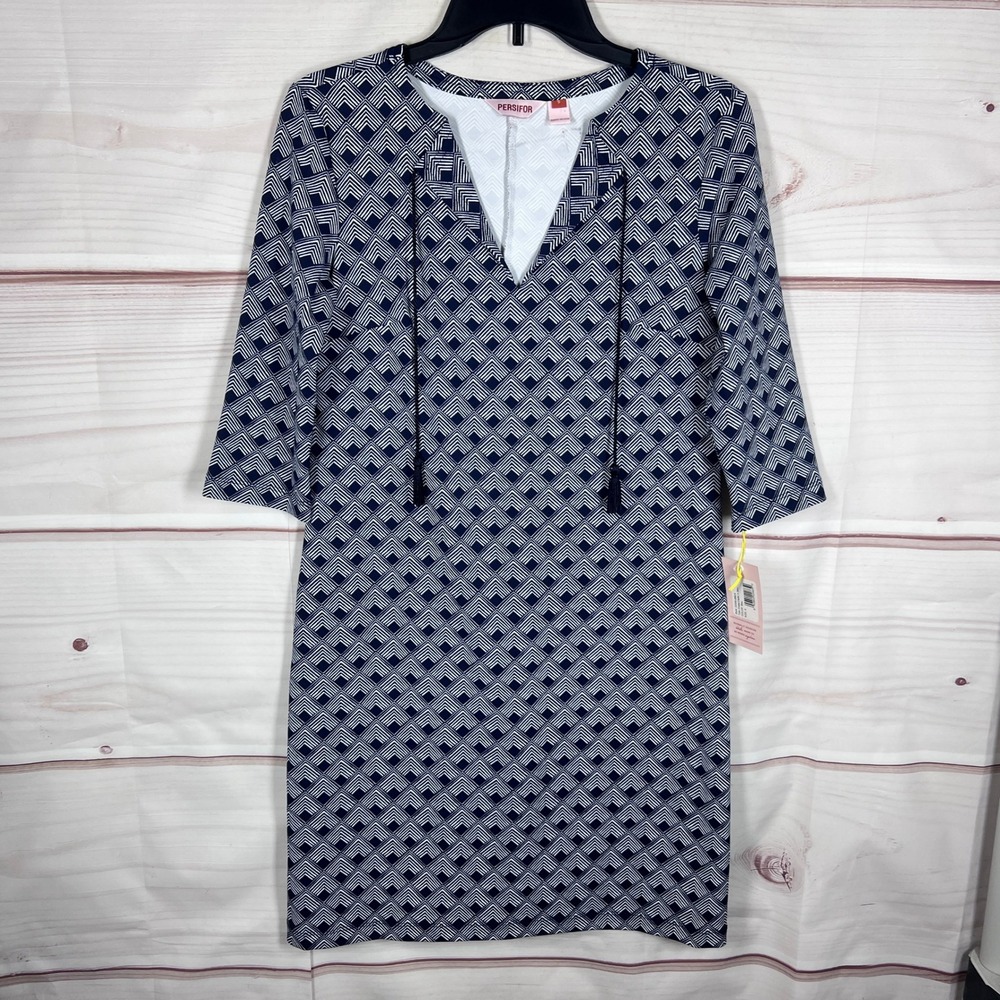Persifor Dress Womens Small Blue Winthrop Geometric Tassel Shift 3/4 Sleeve